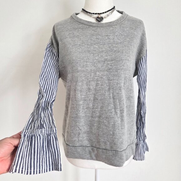 Charmed Hearts Sweaters - Mixed Media Bell Sleeve Sweatshirt‎ Medium Blue Stripes Preppy Coastal Old Money